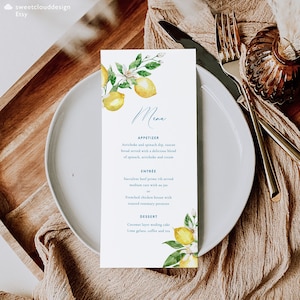 Modèle de menu de mariage au citron Menu de table au citron Menu imprimable Citrus Méditerranée Menu modifiable CITRUS LEMON MENU Boho Dinner Menu lunna