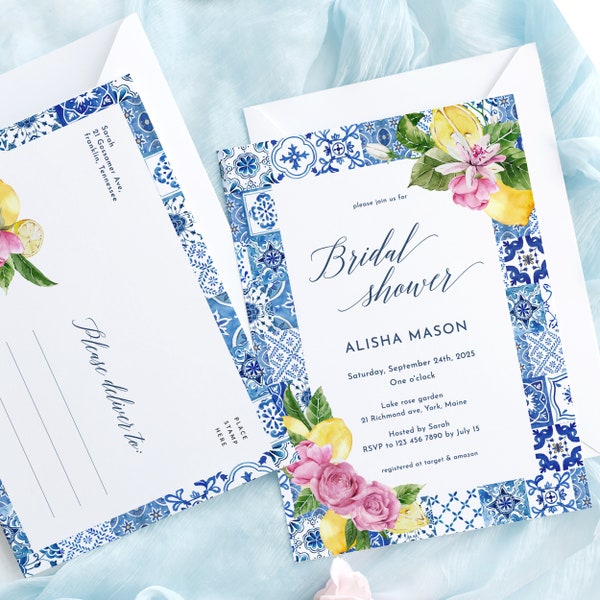 Pink floral and Lemon Bridal Shower Invitation Blue Tile Bridal Shower Invitation Mediterranean Blue Tile bridal Main Squeeze template card