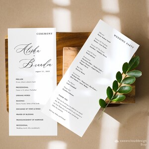 Plantilla de programa de boda elegante Tarjeta de ceremonia de boda moderna Programa de boda editable Línea de tiempo de servicio de orden de boda simple Abigail
