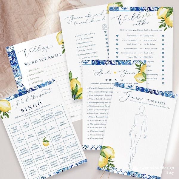 Blue tile Lemon Bridal shower games Would She Rather Bridal Shower Game Template Bride & Groom Trivia Find the Guest Bingo Wedding Scramble