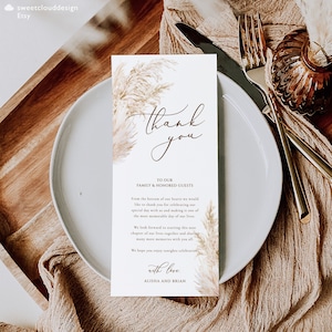 pampasgras Danke Hochzeitskarte Elegante Pampas Danke Karte Bearbeitbare Tabelle Dankeschön Vorlage Boho einfache Dankeskarte flach