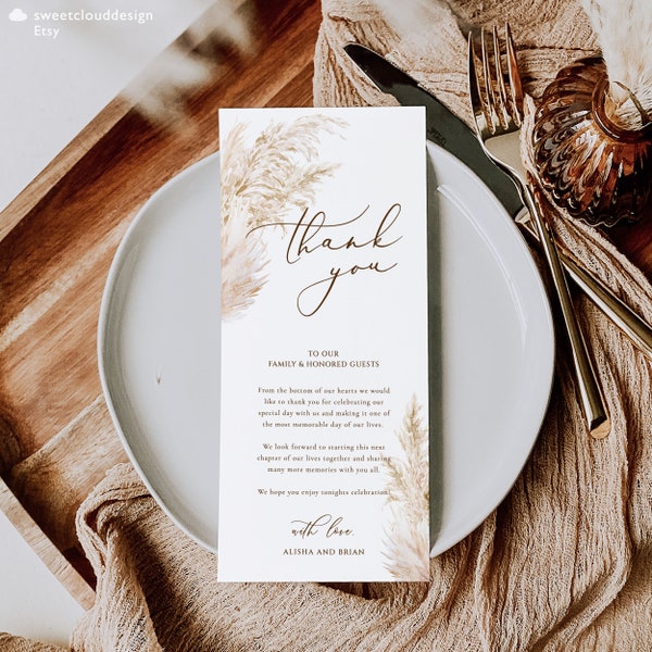 pampas grass Thank You wedding card Elegant pampas Thank You Card Editable table thank you cared template Boho simple thank you card flat