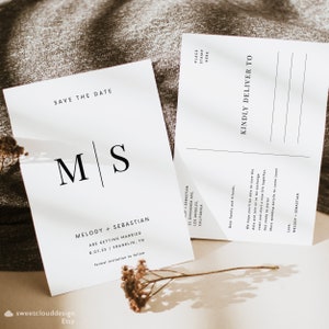 May include: Save the date postcard with a minimalist design featuring the initials "M" and "S" in black text. The text "Melody + Sebastian are getting married 8.07.25 | Franklin, TN" is also included in black text.