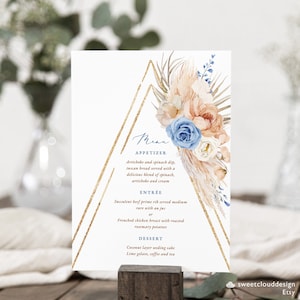 Menu de table Dusty Orange Menu de mariage Royal Blue Menu d’herbe de Pampas RustOrange Wedding Menu Template Bridal shower Menu Printable Gold boho