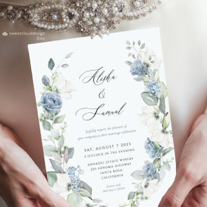 Dusty blue floral Wedding Invitation Template Soft blue editable wedding invitation Printable Wedding Invitation Download template Grace