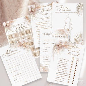 Boho Bridal Shower Game Template, Pampas grass  Bridal Shower Game set,would she rather,Bride & Groom Trivia Find the Guest Bingo Scramble
