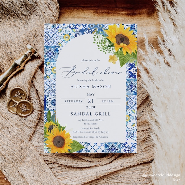 Blue tile and sunflower Bridal Shower Invitation template Mediterranean Arch frame bridal shower Italian Blue Tile invitation sunflower card