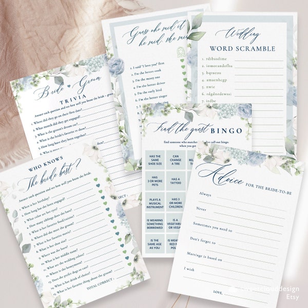 Dusty blue Bridal Shower Game Template Soft blue Floral Bridal Shower Game set Floral Greenery game set  steel blue bridal shower game