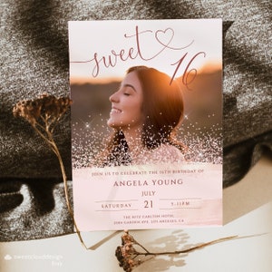 BLUSH photo sweet 16 Invitation Pink glitter birthday card template Rose gold glitter Quinceanera Invitation template birthday party invite