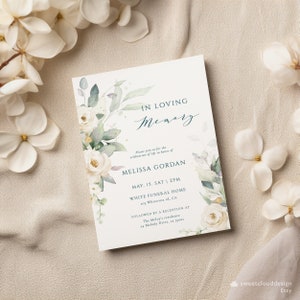 Fleur de verdure Invitation funéraire Rose blanche Célébration funéraire de la vie invitation modifiable Feuilles vertes carte funéraire fleur blanche funérailles