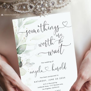 Some things are worth the wait wedding postpone,Save our new date,Change of date wedding,Postpone Announcement,New date Announcement,Olivia