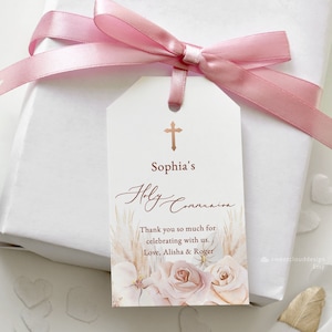 Etiqueta de favor de la Sagrada Comunión, cruz de oro rosa Primera Comunión gracias Etiquetas de bolsa, Rosa polvoriento Imprimible gracias Etiquetas, flor rosa gracias Etiqueta