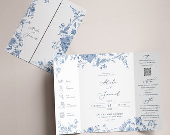 Gatefold blue Wedding Invitation Dusty blue flower Gatefold Invitation vintage blue flower gate fold template Printable Invitation Editable