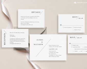 Modèle d'ensemble d'invitations de mariage ligne minimale Moderne simple carte d'invitation simple élégant faire-part de mariage rsvp ensemble de détails noir et blanc
