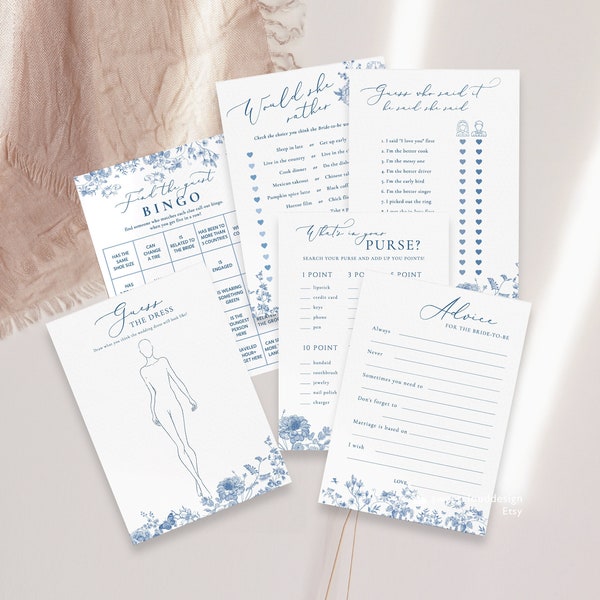 Dusty blue Bridal Shower Game Template Soft blue Floral Bridal Shower Game set Floral Vintage flower game set  steel blue bridal shower game