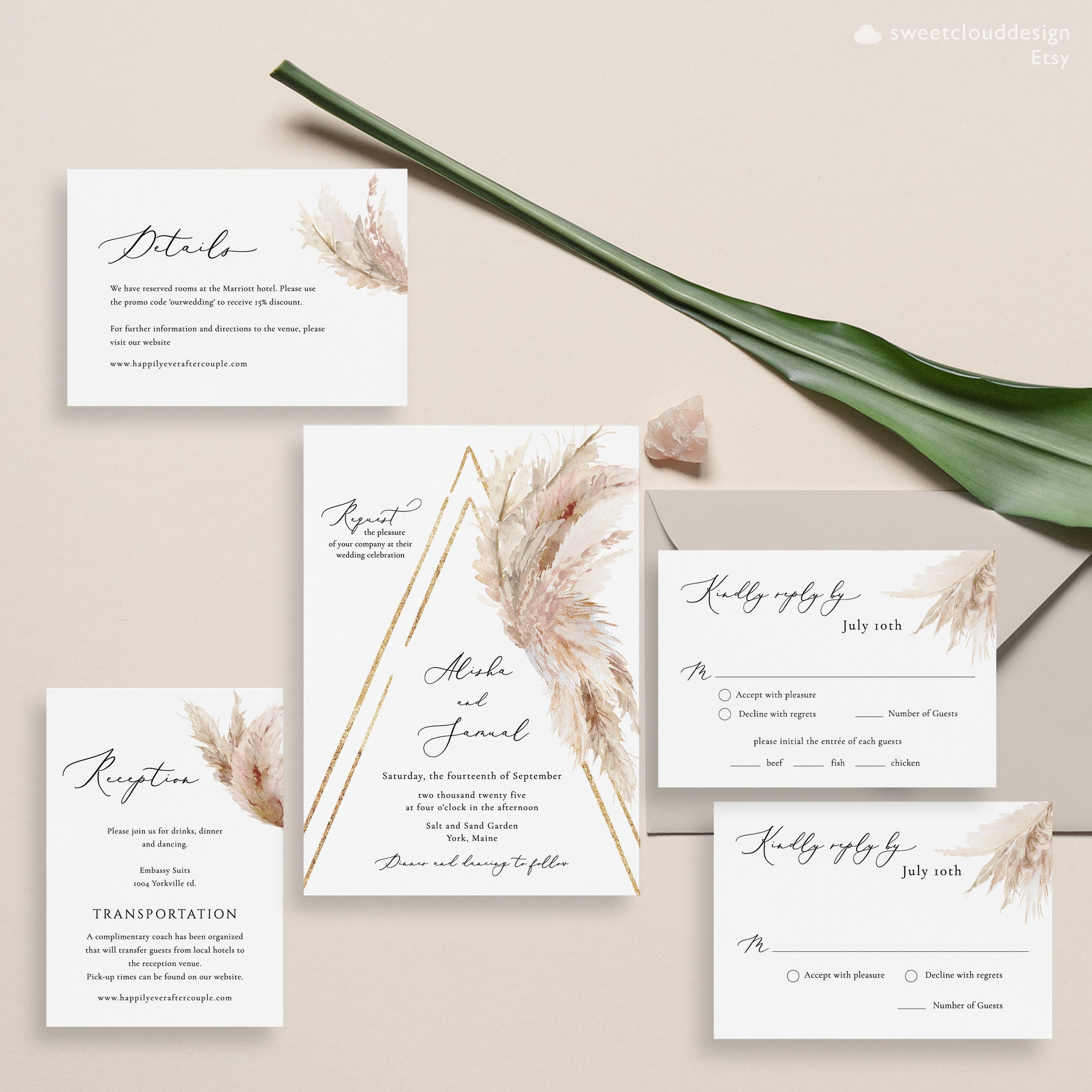 Pampas Grass Boho Wedding Invitation Set Template Beach ...