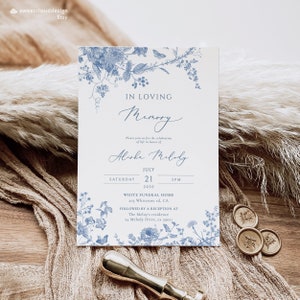 Invitation funéraire florale bleu poussiéreux vintage bleu floral Célébration funéraire de la vie invitation modifiable fleur bleue encre dessin funérailles