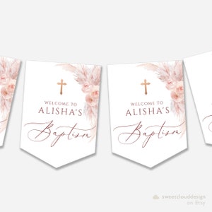 BOHO Rose Pink bautismo banner plantilla bunting Blush pampas hierba fiesta banderín cadena banner Blush rosa fiesta fiesta de cumpleaños banner editable