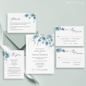 Modelo de convite de casamento azul-petróleo Convite de casamento floral azul celeste Modelo de download de convite de casamento com baga azul editável Berry