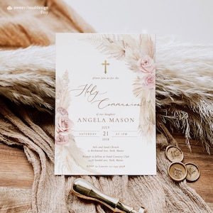 BOHO Blush Heilige Kommunion einladung Gold Kreuz Heilige Kommunion einladungsschablone Mädchen Blush Blumen Heilige Kommunion Einladungskarte