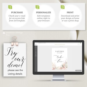 Puede incluir: Una pantalla de ordenador que muestra una plantilla de dise&ntilde;o digital para un cartel de favor de boda. El cartel dice "Favors Please Take One" y presenta un dise&ntilde;o de acuarela con flores rosas y beige, plumas y conchas. La pantalla est&aacute; en un escritorio con un cartel de papel blanco que dice "Try our demo! Please see the Listing details".
