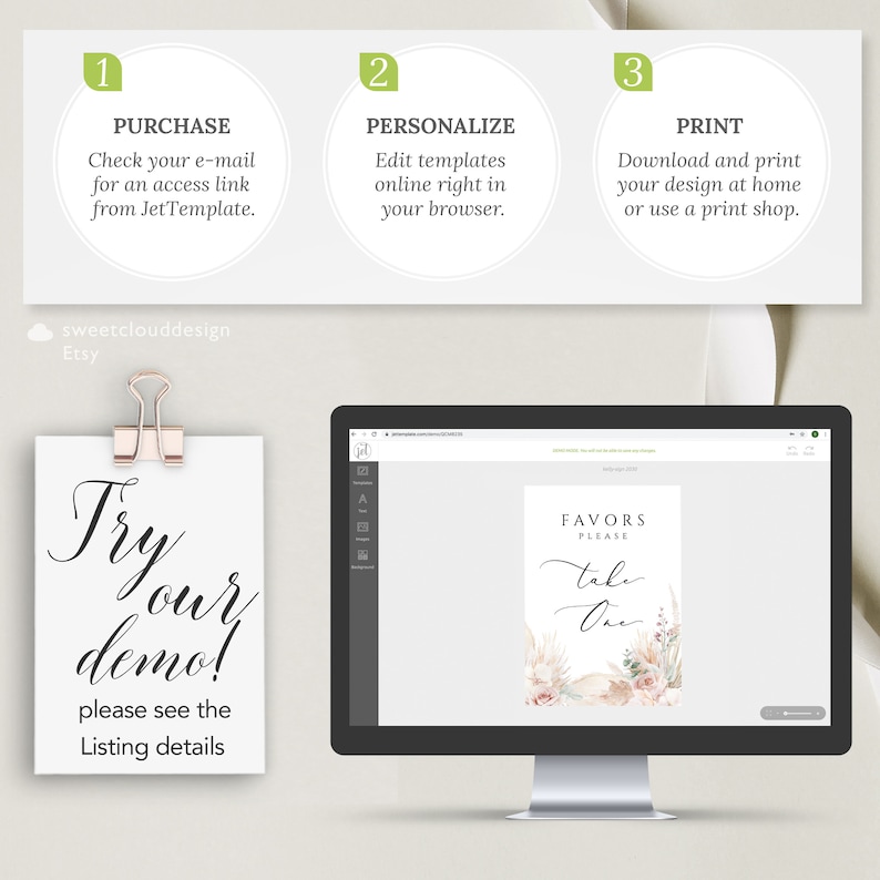 Puede incluir: Una pantalla de ordenador que muestra una plantilla de dise&ntilde;o digital para un cartel de favor de boda. El cartel dice "Favors Please Take One" y presenta un dise&ntilde;o de acuarela con flores rosas y beige, plumas y conchas. La pantalla est&aacute; en un escritorio con un cartel de papel blanco que dice "Try our demo! Please see the Listing details".