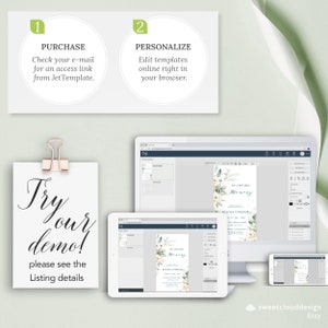 May include: A mockup of a digital template for a funeral announcement. The template features a floral design with white flowers and green leaves. The text "In Loving Memory" is displayed in a black font. The template is being edited on a computer screen.