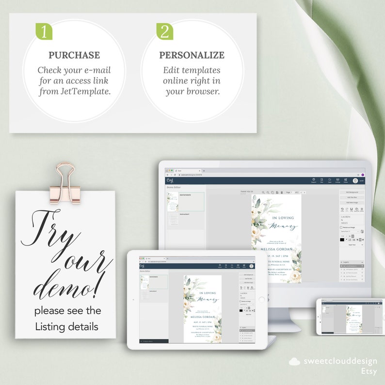 May include: A mockup of a digital template for a funeral announcement. The template features a floral design with white flowers and green leaves. The text "In Loving Memory" is displayed in a black font. The template is being edited on a computer screen.
