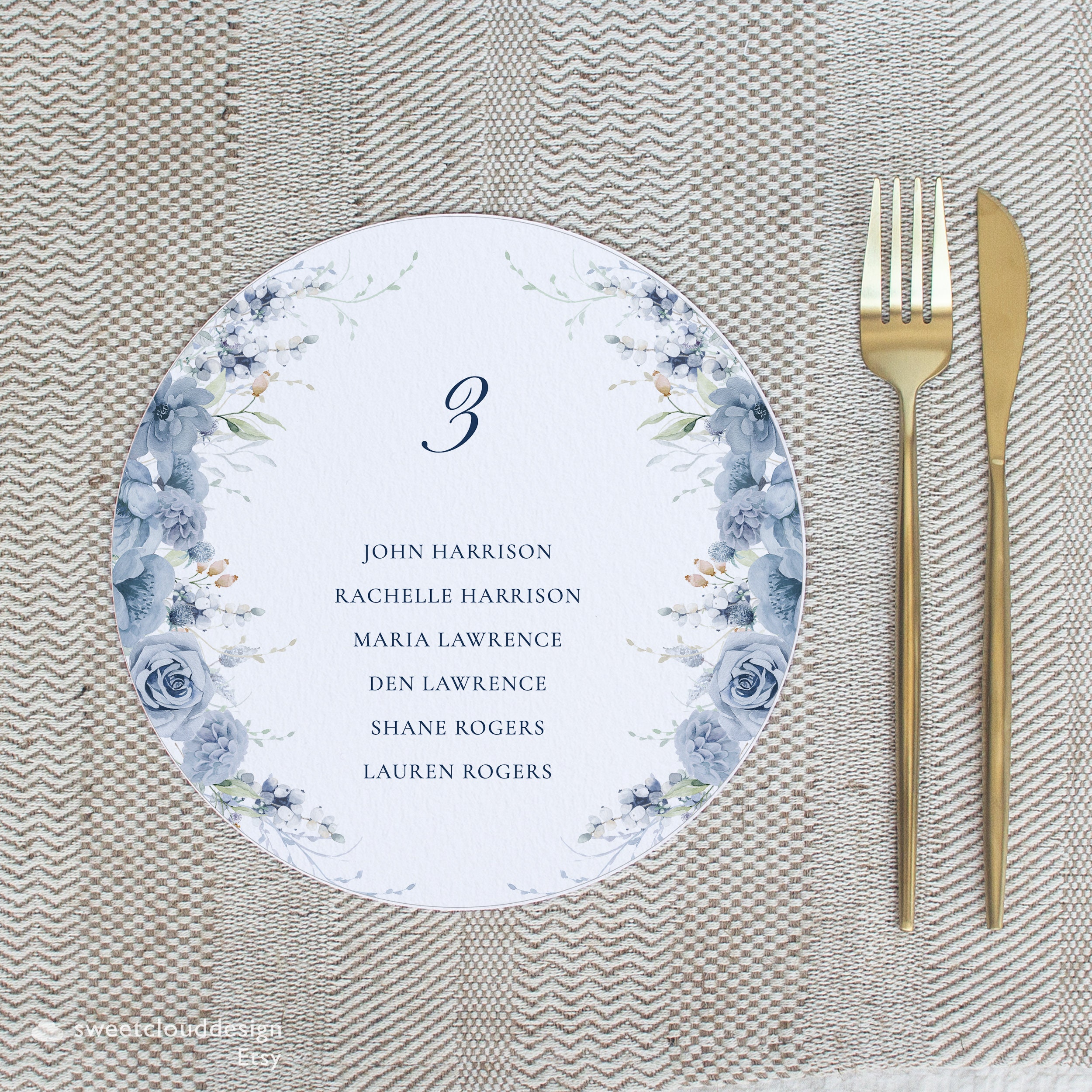 Round Table Name Dusty Blue Round Table Number Seating Card,blue Floral Circle Table ...