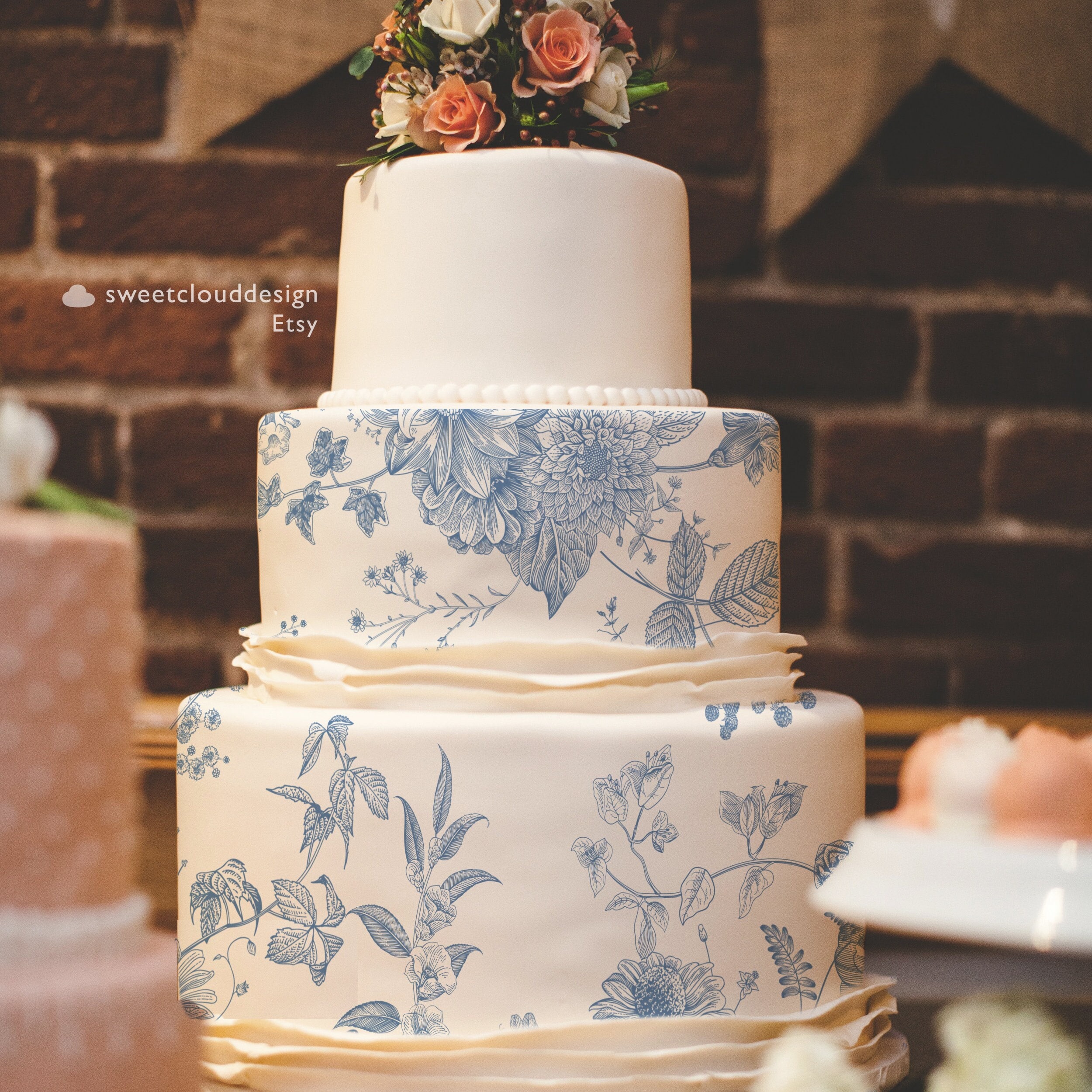 blue flower Cake icing template Vintage flower cake icing image dusty blue floral cake image steel blue floral cake icing template download