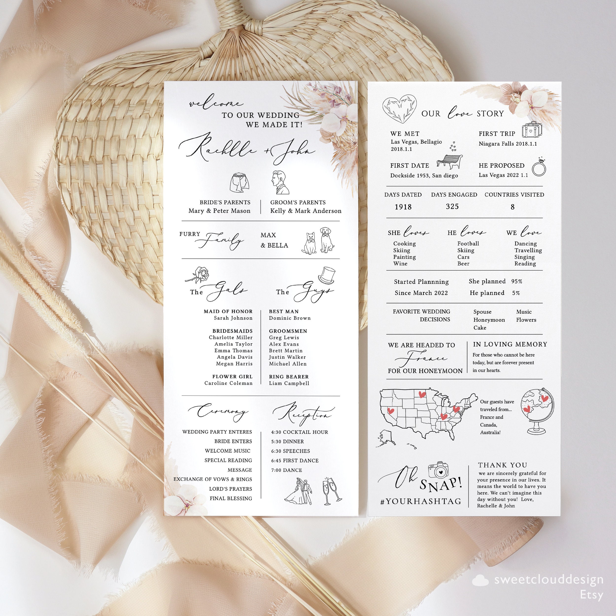 Boho Infographic Wedding Program Fun Facts Pampas Grass Icon - Etsy