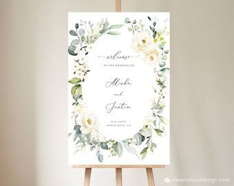 Greenery floral Welcome Wedding Sign Template Vertical White floral Wedding Sign Printable Welcome Wedding sign wreath Welcome Sign Lisa