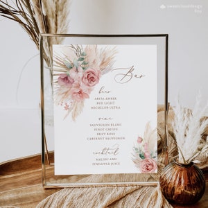 Plantilla de signo de menú Dusty Pink Boho Bar, signo de barra de hierba de pampas floral rosa, signo de menú de barra imprimible de rosa floral rosa, menú de mesa de bebidas editable