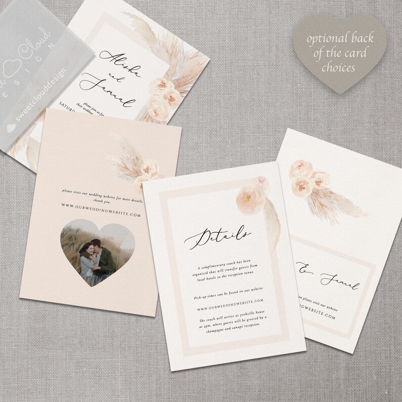 May include: Wedding invitation suite with a blush pink and cream color scheme. The front of the invitation features a floral design with pampas grass. The back of the invitation has the couple's names, "Alisha and Jamel", and the wedding website address. The details card includes information about the wedding ceremony and reception.