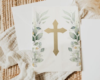 Vellum Wrap Gold cross Vellum Wrap template greenery Vellum Jacket green gold baptism Vellum invite Foldable Template green leaves vellum