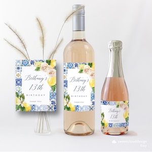 Blue tile and lemon birthday Wine Labels,lemon tile party wine label sticker ,Avery Wine Label,sky blue tile Wine Label sticker,Online label