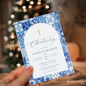 Blue tile Christening Invitation template Mediterranean tile Christening invitation Positano Blue Tile Christening Italian Blue Christening