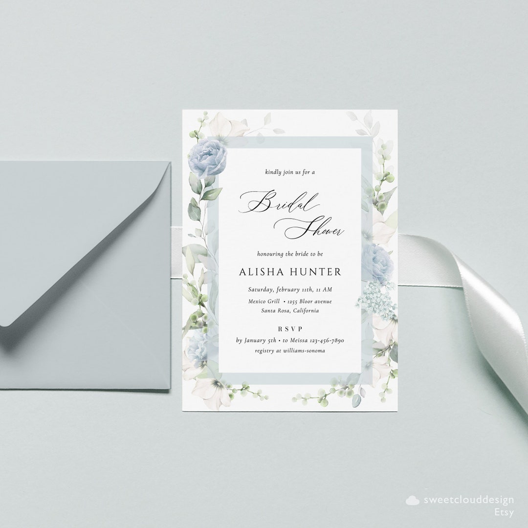 Dusty Blue Bridal Shower Invitation Template Soft Floral Printable ...
