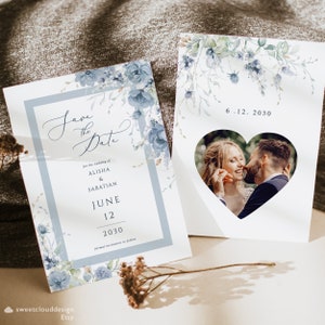 Dusty Blue Save the Date Stahlblau Blumen Save the Date Blaue Blume Save the Date Hochzeitsdatum Karte Blaue Blumenabwehr Beere