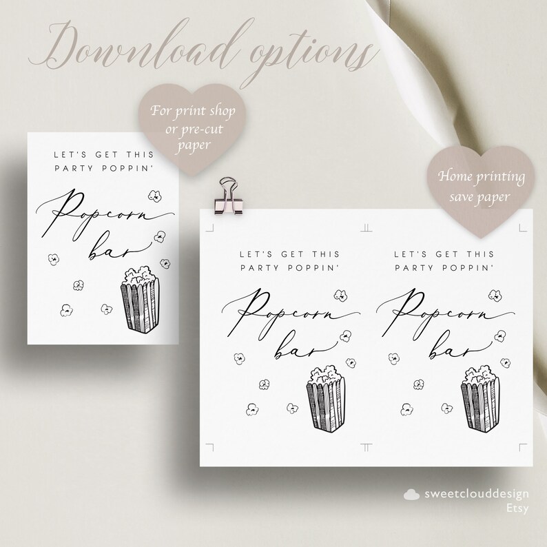 K&ouml;nnte beinhalten: Druckbarer Schild f&uuml;r eine Popcorn-Bar. Das Schild lautet "Let's get this party poppin' Popcorn bar" mit einer Zeichnung eines Popcorn-Eimers. Das Schild ist in zwei Gr&ouml;&szlig;en zum Download verf&uuml;gbar, eine f&uuml;r den Heimdruck und eine f&uuml;r Druckereien.