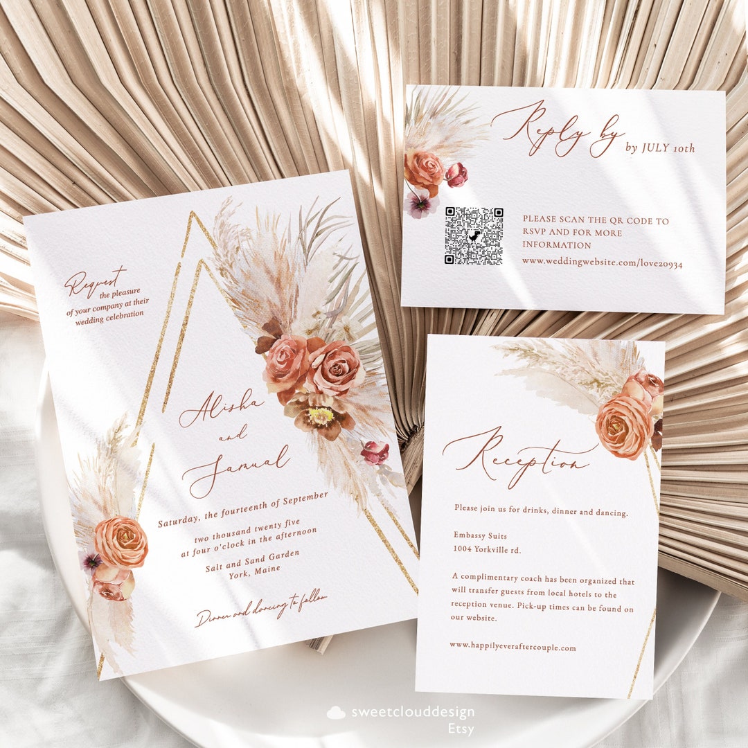Dusty Orange Wedding Invitation Pampas Grass Wedding Etsy Australia
