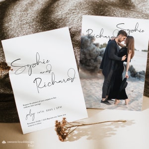 May include: A wedding invitation with a white background and black text. The invitation reads "Sophie and Richard" in cursive script. The date and time of the wedding are listed as "July 14th, 2025 | 2PM". The location is listed as "Rosemary Fields / 1255 Bayview ave, Santa rosa". The invitation also includes a photo of the couple.