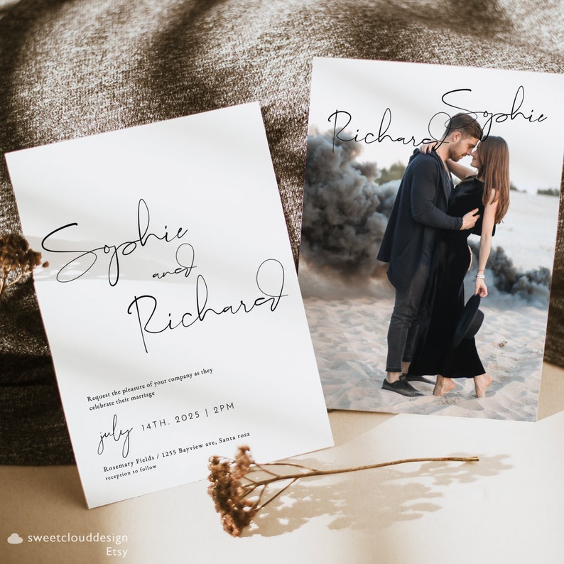 May include: A wedding invitation with a white background and black text. The invitation reads "Sophie and Richard" in cursive script. The date and time of the wedding are listed as "July 14th, 2025 | 2PM". The location is listed as "Rosemary Fields / 1255 Bayview ave, Santa rosa". The invitation also includes a photo of the couple.