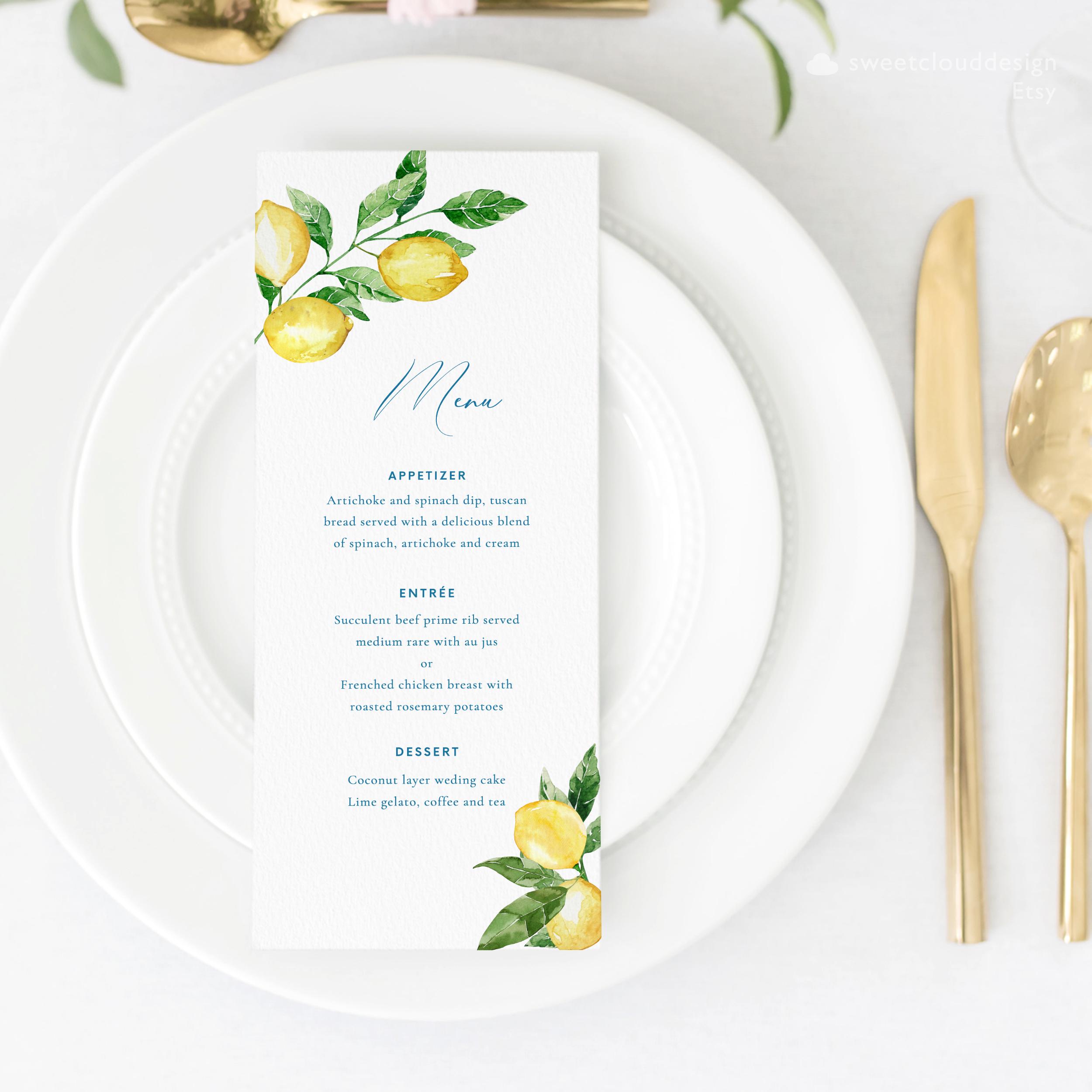 Lemon Menu Lemon Wedding Menu Template Lemon Table Menu Printable Citrus ...