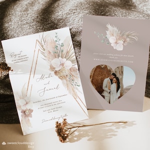 Faire-part de mariage bohème en or rose, faire-part de mariage tropical sur la plage, modèle d'invitation d'herbe de pampa, faire-part de feuille de palmier bohème