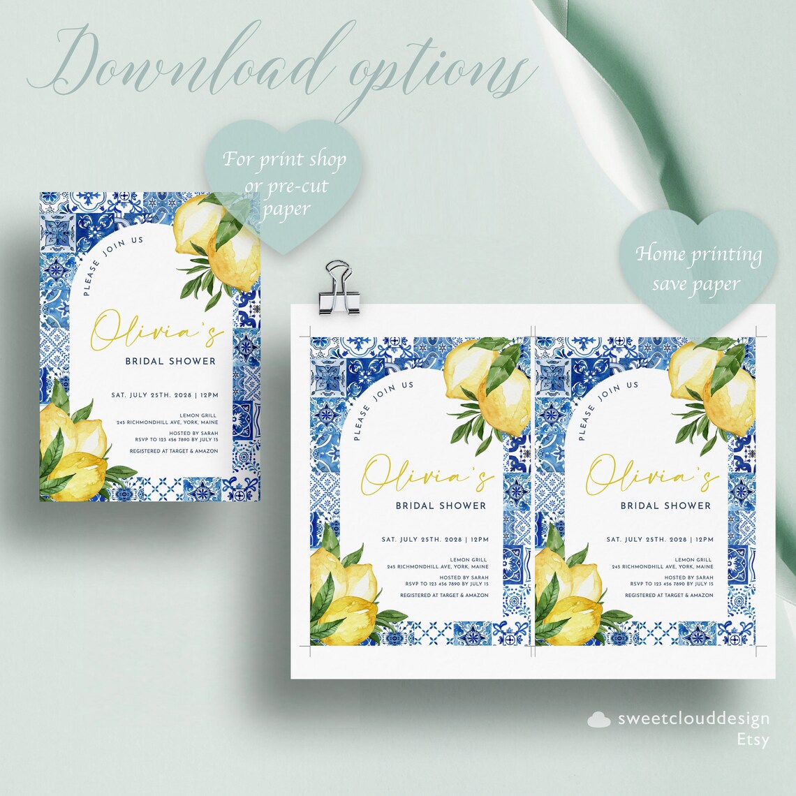 Mediterranean Tile and Lemon Bridal Shower Invitation Template - Etsy