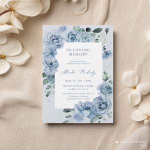 Dusty Blue flower Funeral Invitation Steel Blue Célébration funéraire de la vie invitation modifiable Carte funéraire bleue carte funéraire florale bleue