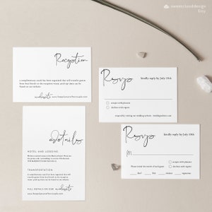 May include: Wedding RSVP cards with black calligraphy text on white cardstock. The cards include details for the reception, hotel and lodging, and transportation. The text includes the website address www.happilyeveraftercouple.com.