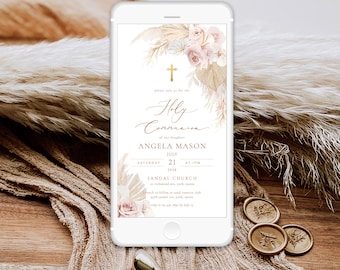 BOHO Blush Holy Communion digital Invitation pampas grass pink rose First holy communion phone invite Template Electronic text Phone Invite