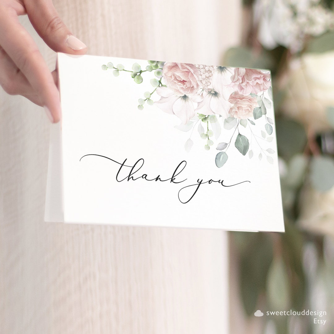 Dusty Pink Floral Thank You Wedding Thank You Card Template Editable ...